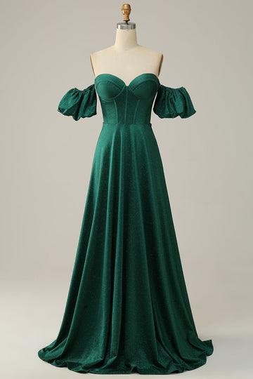 A Line Off the Shoulder Dark Green Long Ball Dress